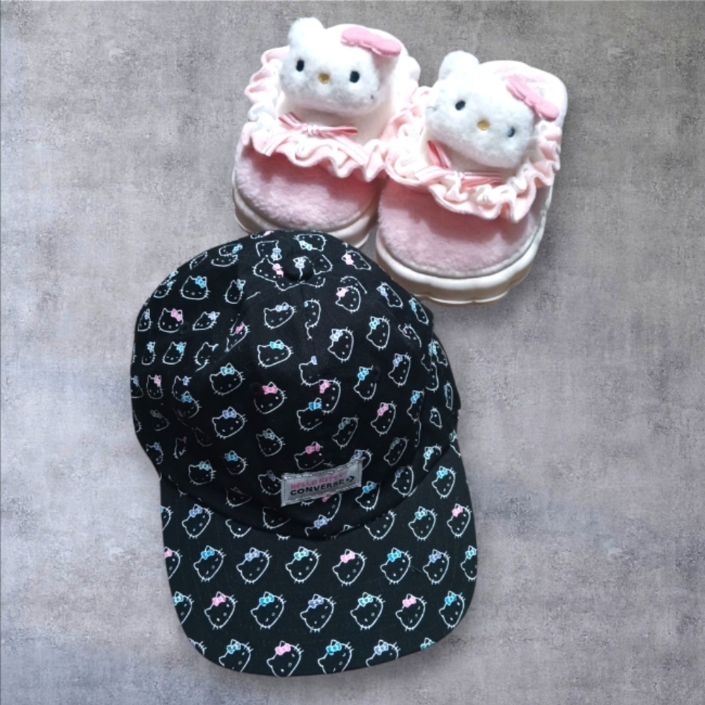 Hello Kitty + Converse Bundle Lot Hat and Slippers Black Pink OS Cap 6/7 Shoe